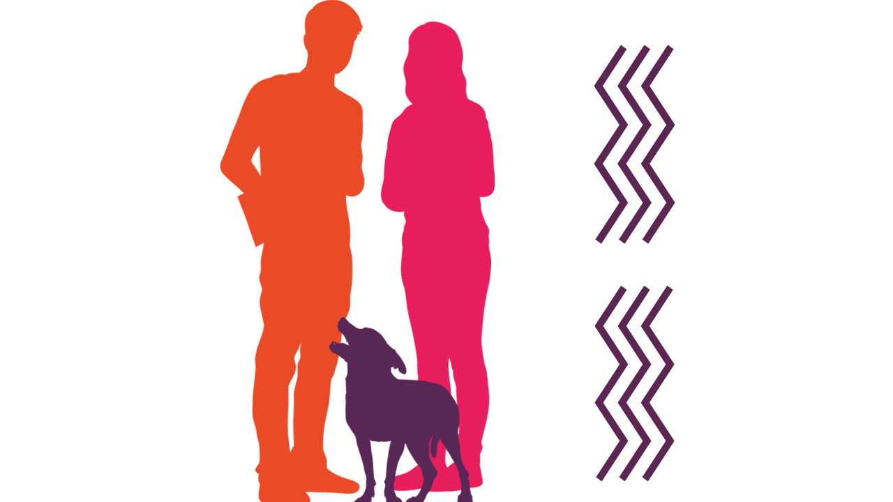 A digital illustrative silhouette representation of a man (in orange) and woman (in pink) colored in standing in between a dog (in purple) with two three-style zig zag line shapes (in purple) next to all of them on the right