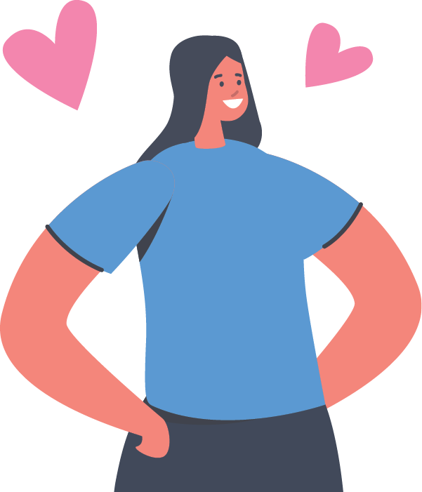 Illustration of girl with hands on hips and two pink hearts above her