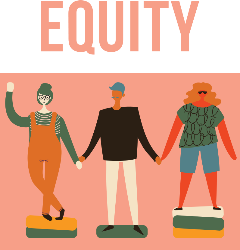 Vector of 3 people holding hands. "Equity" written next to image