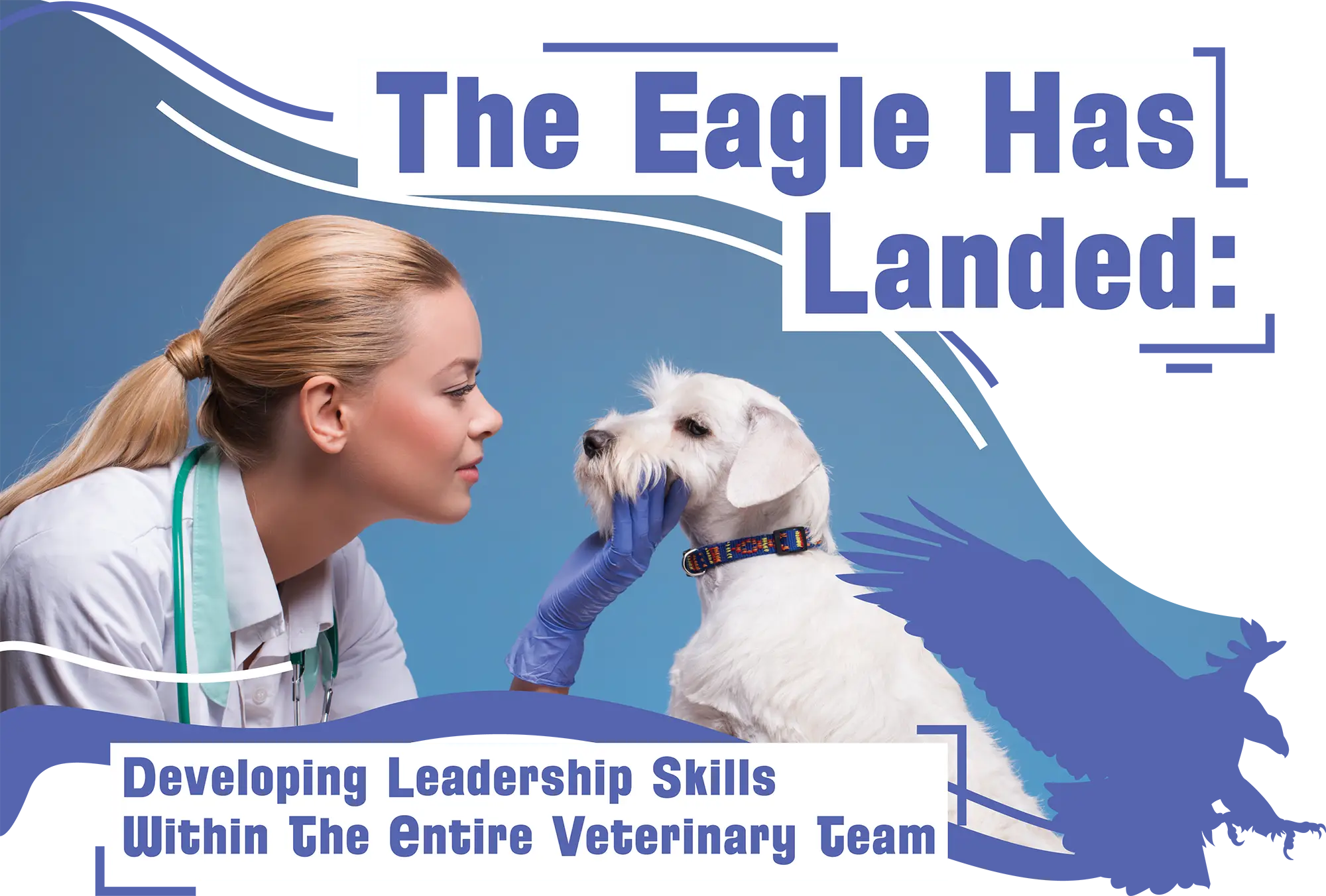 The Eagle Has Landed: Developing Leadership Skills Within the Entire Veterinary Team; a female veterinarian looking at a white dog