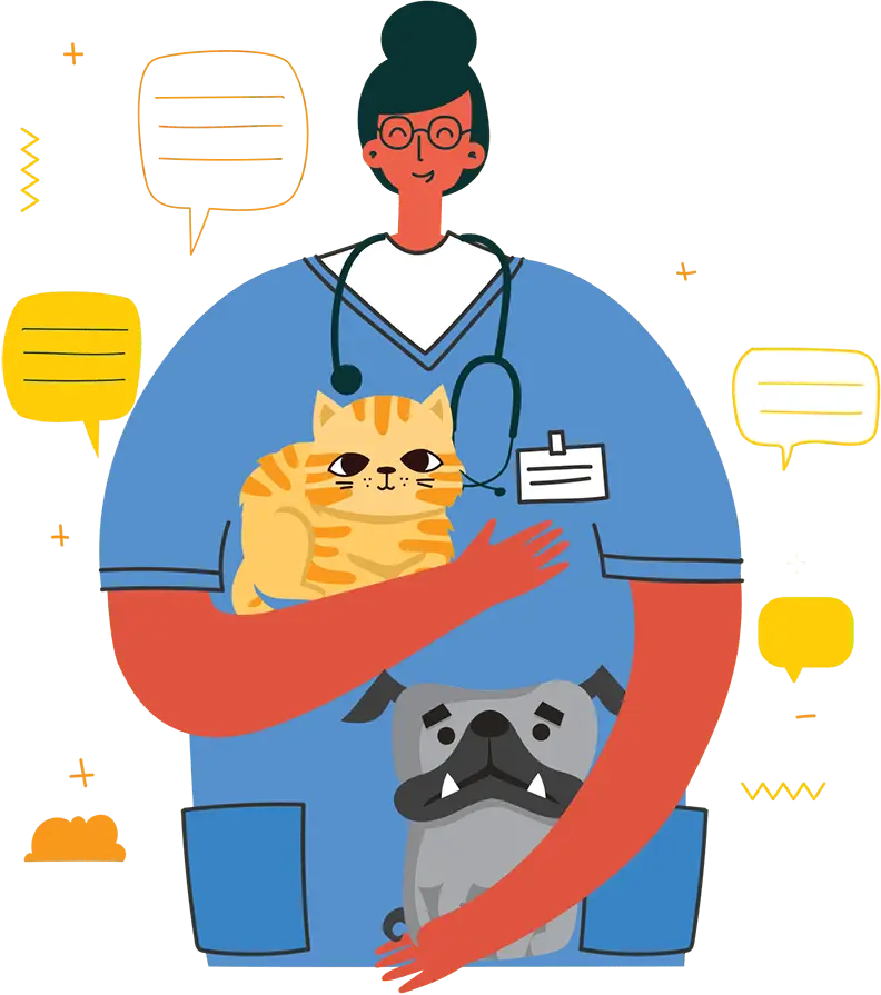 Illustration of veterinarian with cat and dog