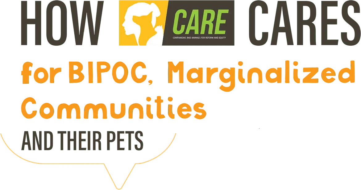 How Care Cares for BIPOC Marginalized Communities and Their Pets typographic title with a digital illustration of a veterinarian holding a cat and a dog in her arms with chat bubble symbols around them