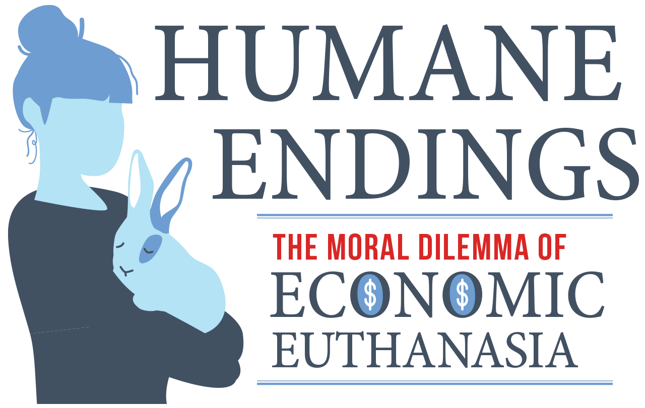 Humane Endings: The Moral Dilemma of Economic Euthanasia typographic title with a blue vector silhouette illustration of a woman holding a bunny in her arms