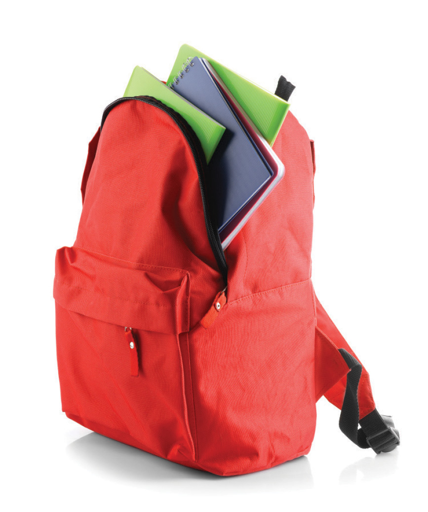 red backpack with folders inside
