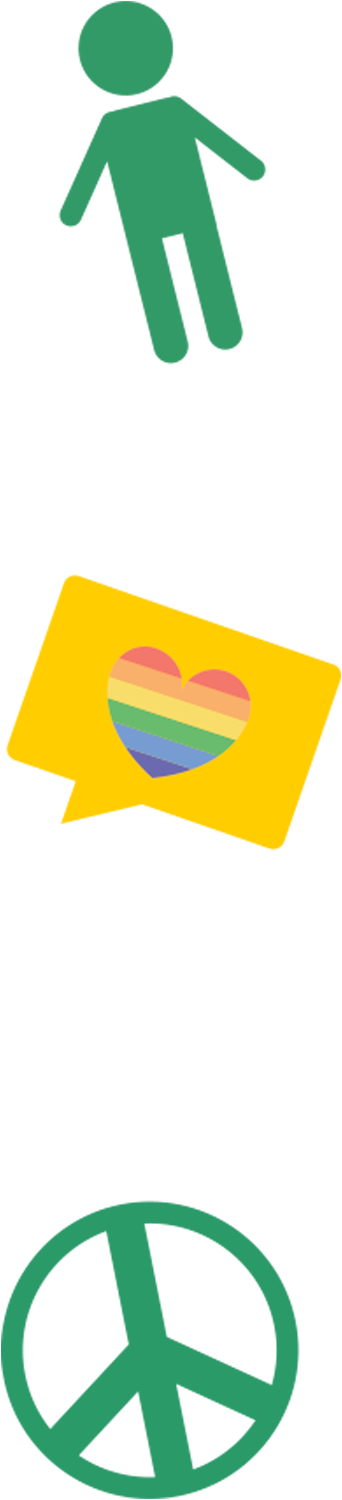 human figure, speech bubble with a rainbow heart and green peace symbol graphics