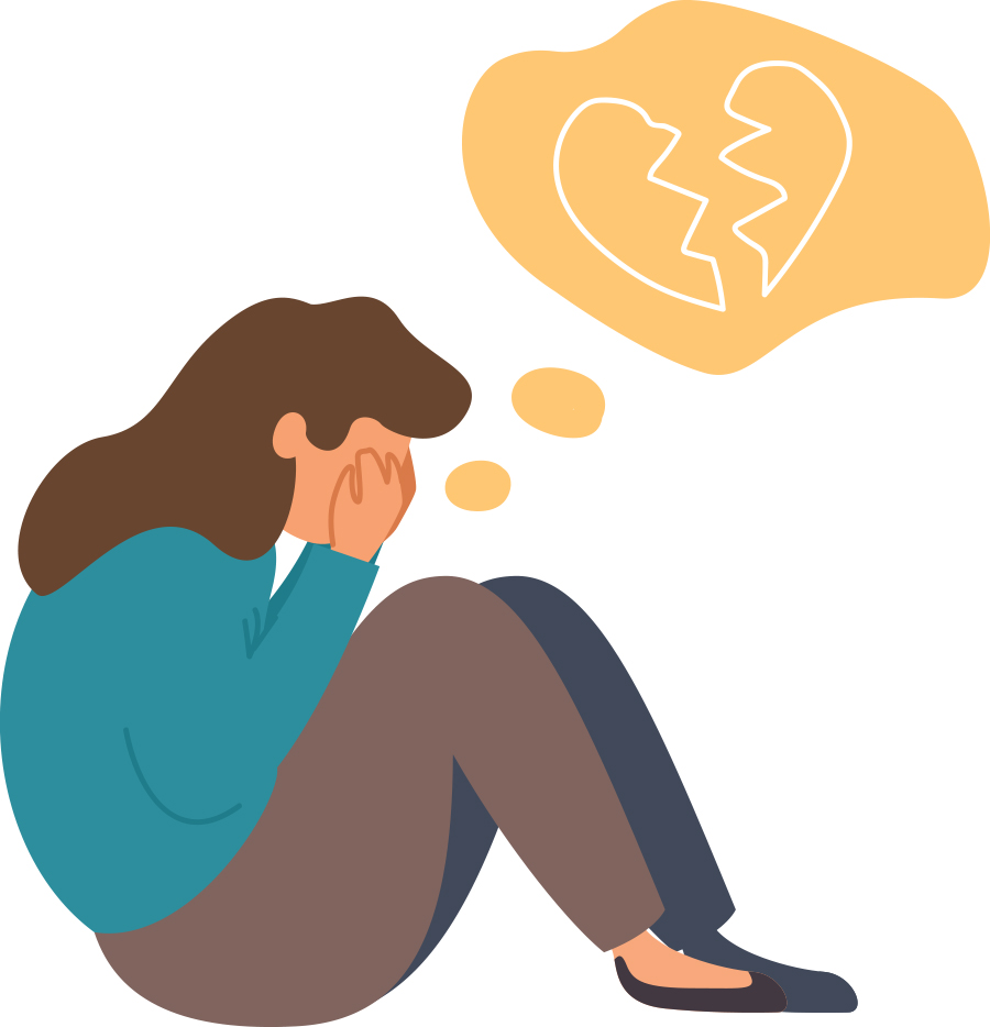 illustration of woman with broken heart inside of thought bubble
