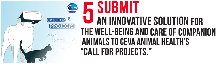 Ceva Animal Health Call for Projects logo with dog and cat next to red numeral 5 with text after that reads Submit an innovative solution for the well-being and care of companion animals...
