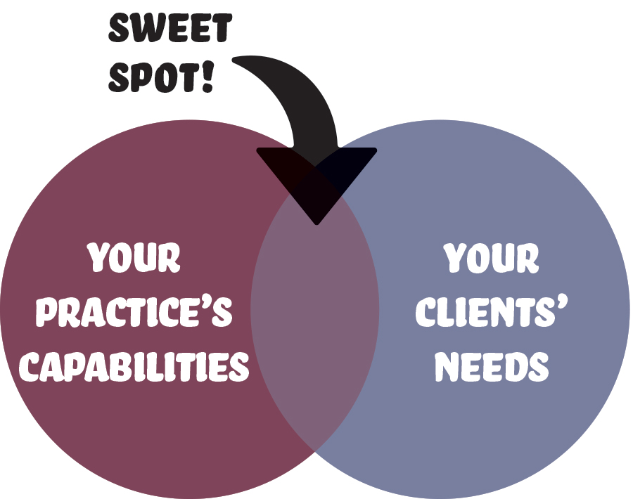 venn diagram showing the sweet spot that balances vet's capabilities with client's needs