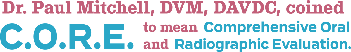 "Dr. Paul Mitchell, DVM, DAVDC, coined C.O.R.E. to mean Comprehensive Oral and Radiographic Evaluation" pullquote in pink and blue serif and sans-serif typography