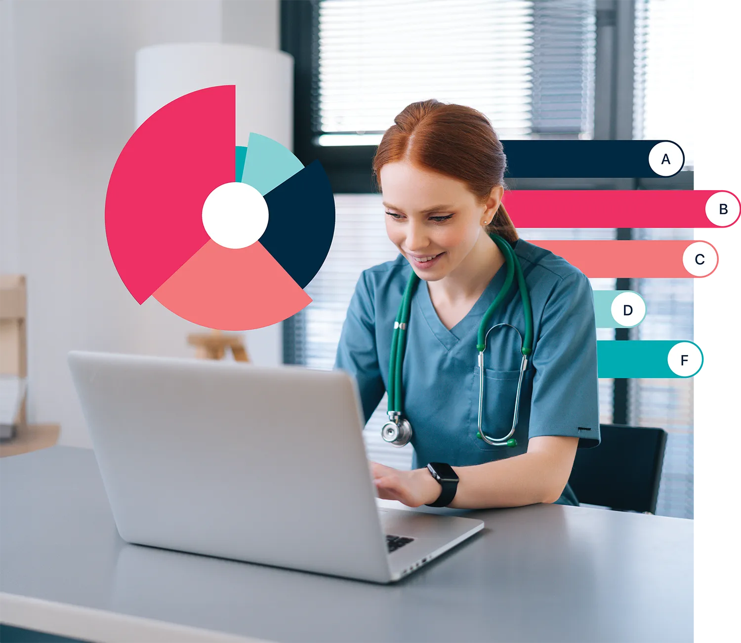 a woman wearing scrubs and a stethoscope sits at a laptop, colorful graphics of a pie chart float around her