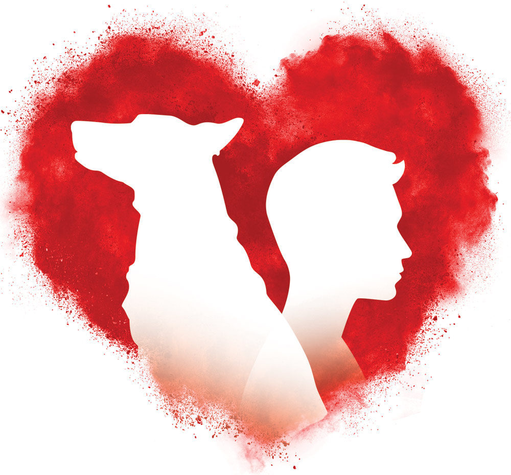 Silhouette of a dog and a person inside a red heart shape.