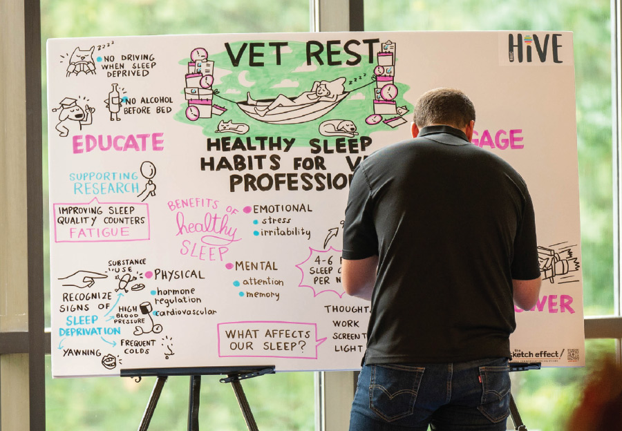 man looking at board with tips for Healthy Sleep Habits for Vet Professionals