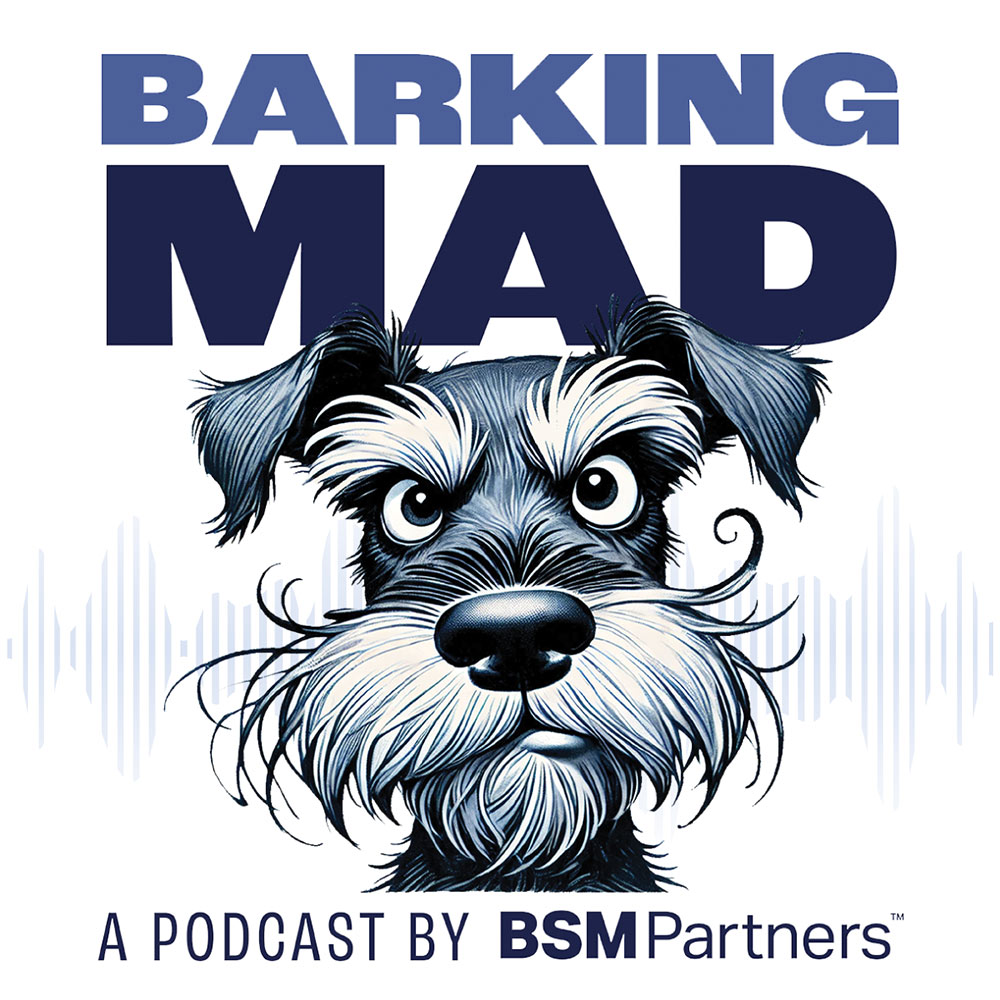 the Barking Mad podcast logo featuring an illustration of a scowling Border Terrier