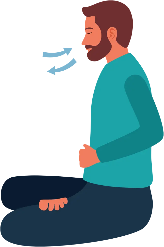 profile view illustration of a man sitting cross legged with arrows motioning deep breathes in through his nose and out through his mouth