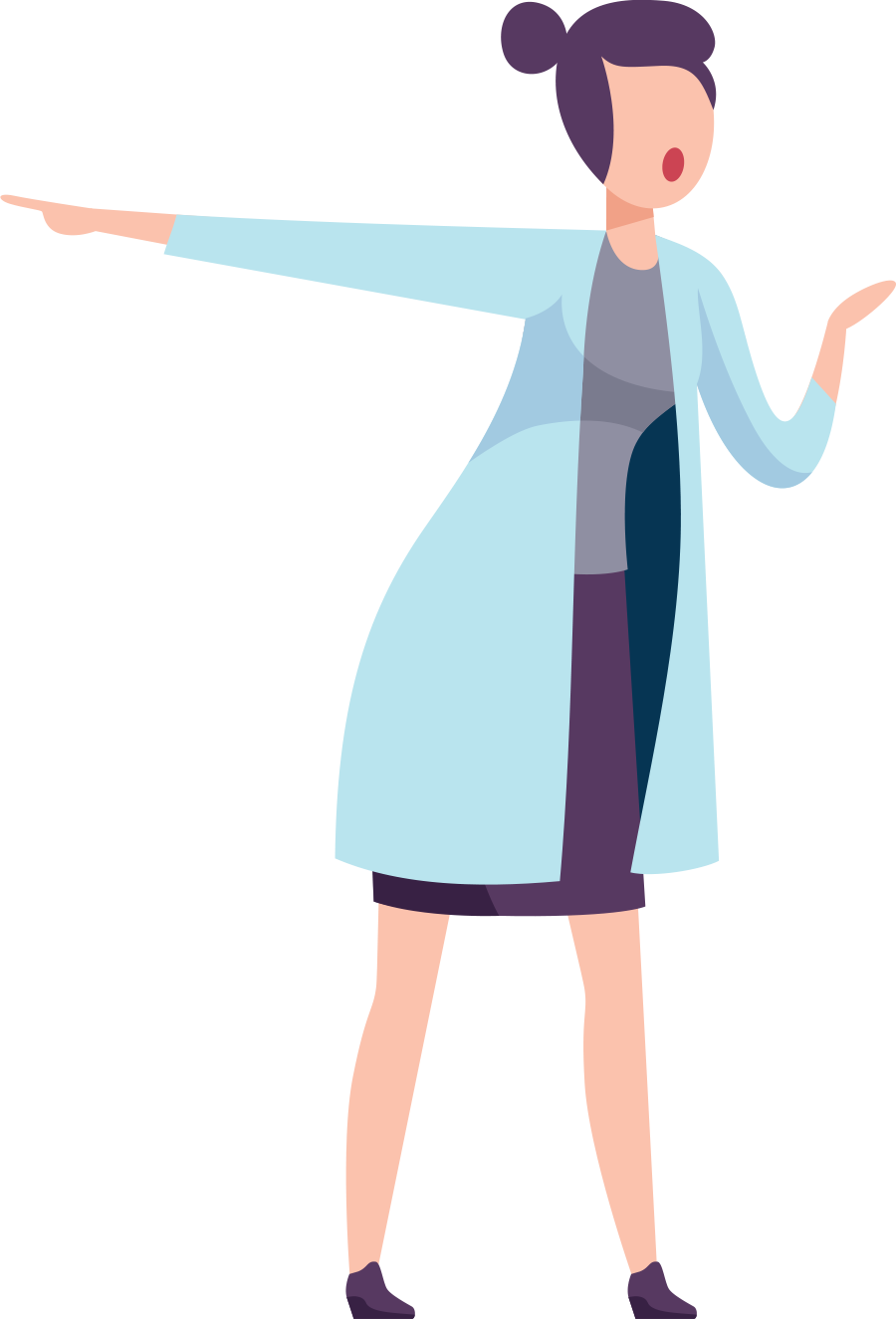 digital illustration of distressed woman with one arm pointing out to the side and the other in bent with palm up to the sky