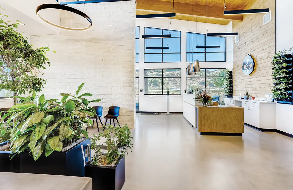 wide view of a veterinary clinic lobby with a seated waiting area, plants, reception desk, and high ceilings