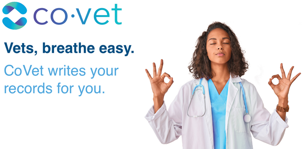 CoVet logo with an image of a female veterinarian with her eyes closed holding her hands in held in jnana mudra