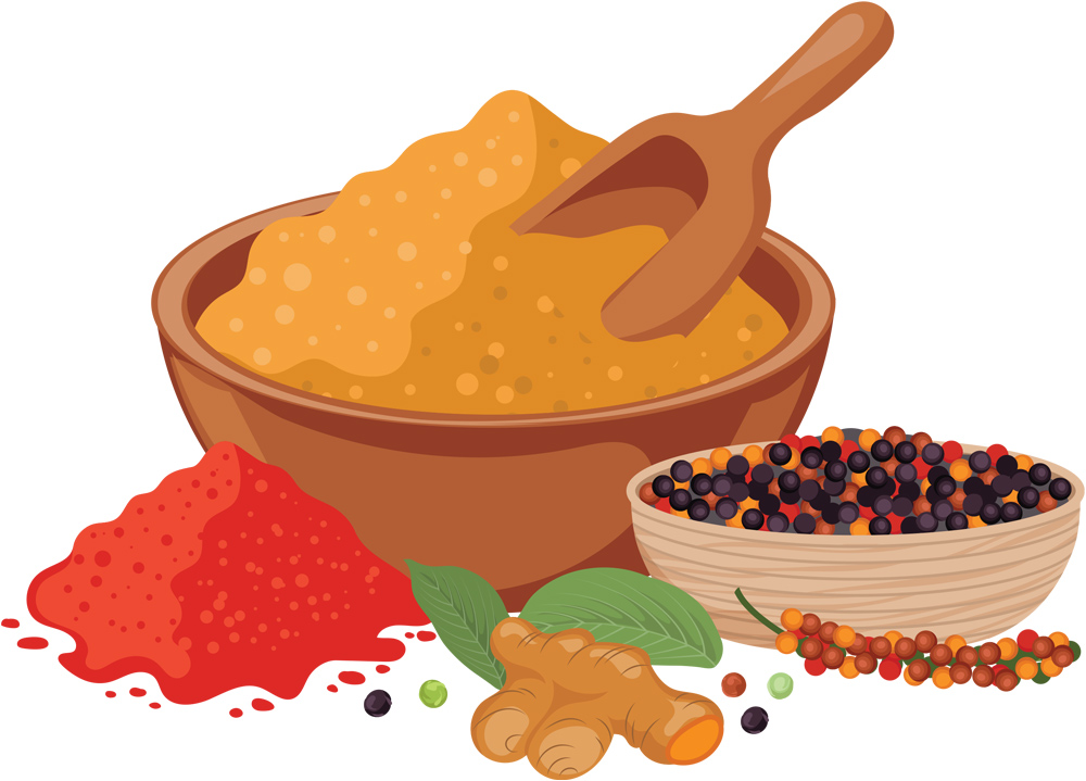 illustration of various bowls and groupings of spices