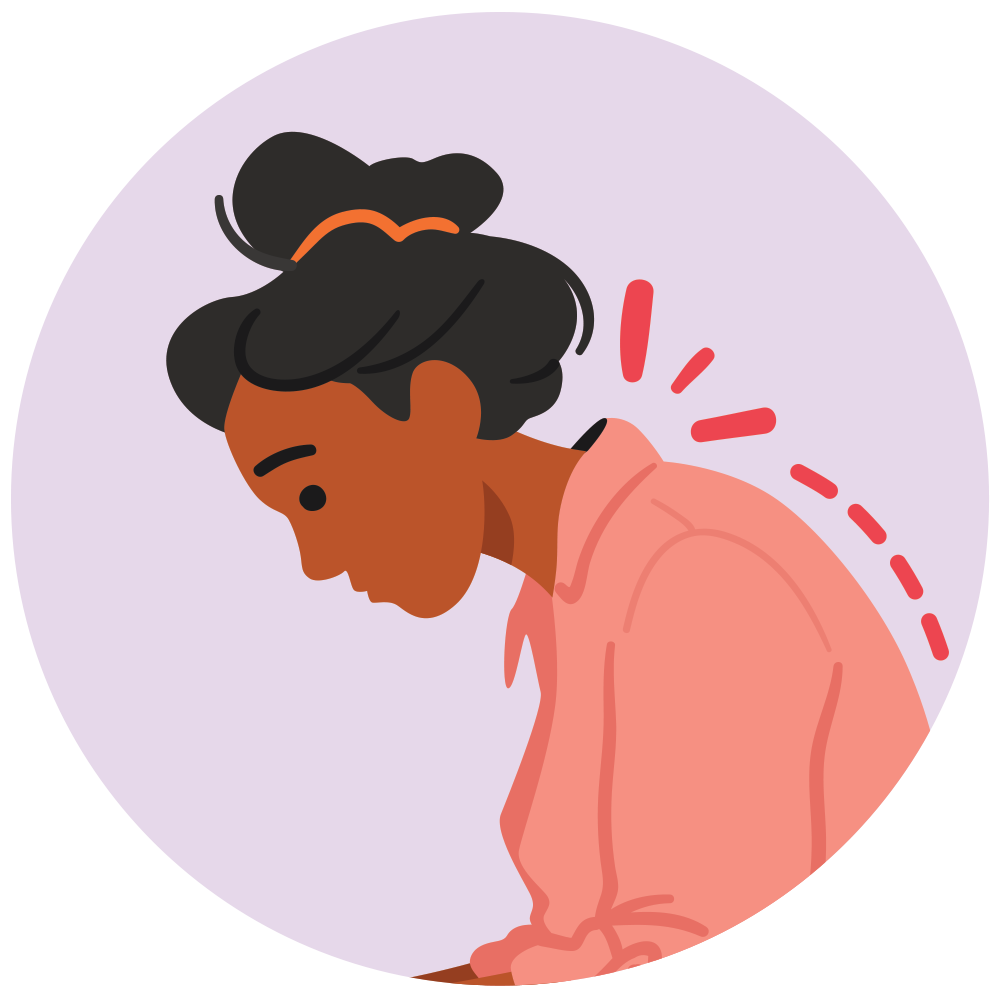 A close-up illustration of a person wearing a pink shirt, with their head lowered and a red dotted line along the back of their neck highlighting their strained posture.