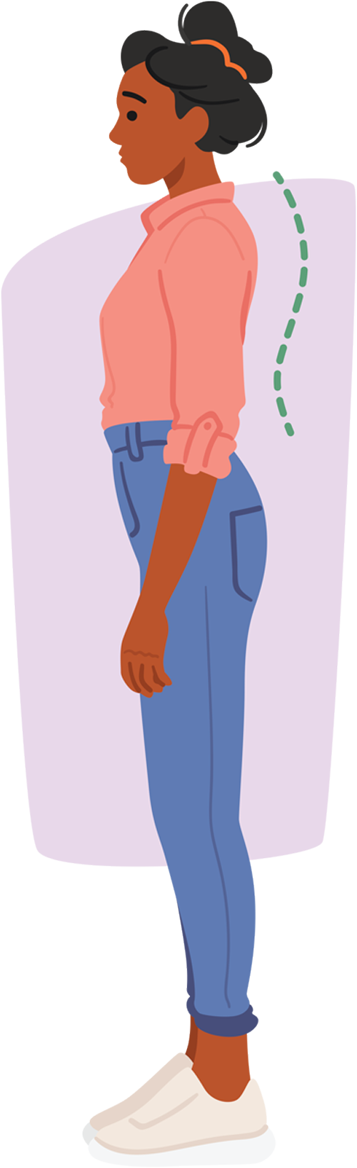 profile illustration of standing woman with a dotted line following the curvature of a back referencing her posture