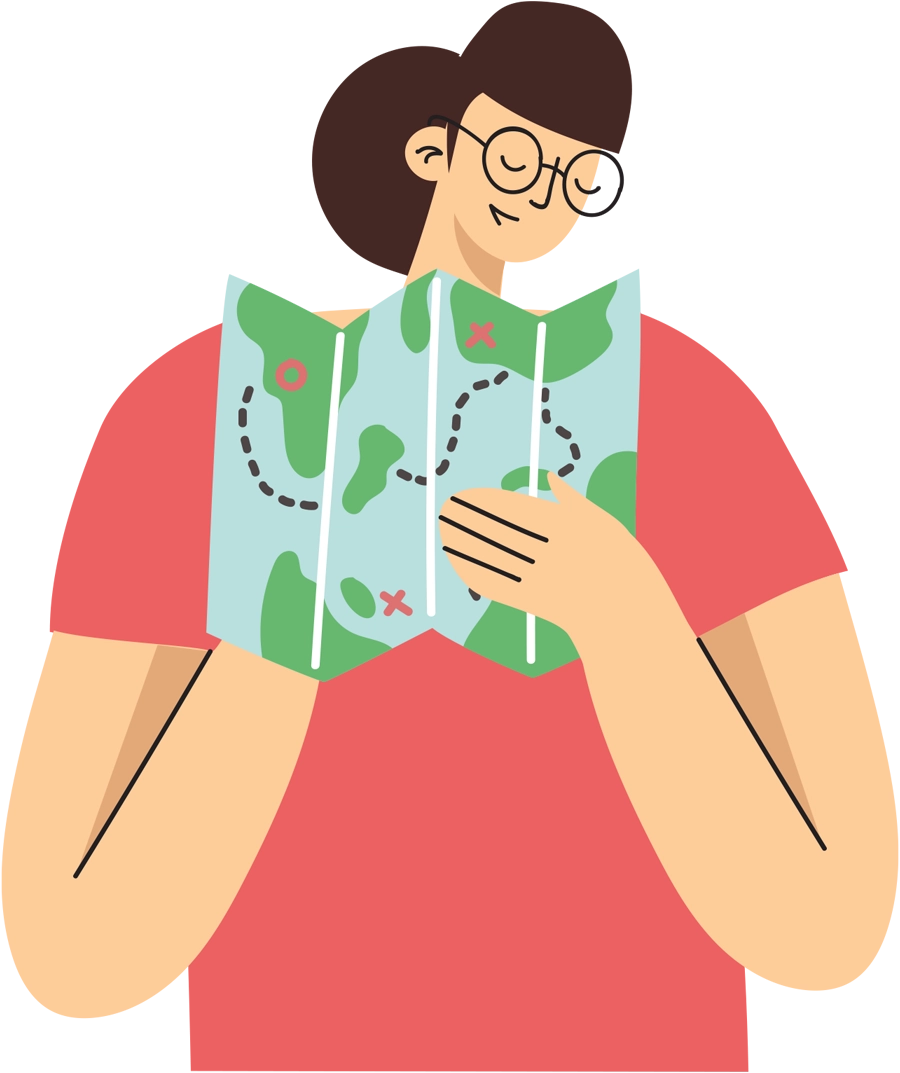 vector illustration of a female figure holding a map marked with trail lines and x's and circles