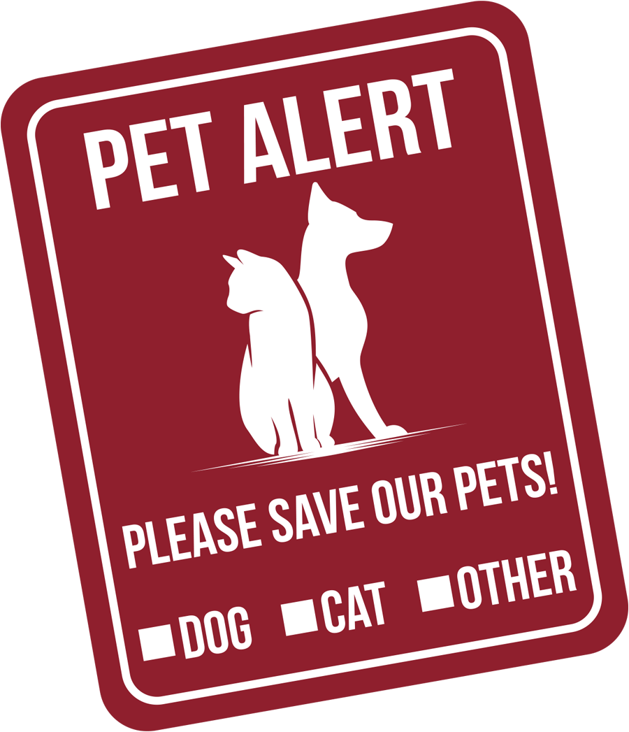 vector illustration of maroon colored signage that reads “Pet Alert: Please Save Our Pets” with boxes beside the words dog, cat, and other