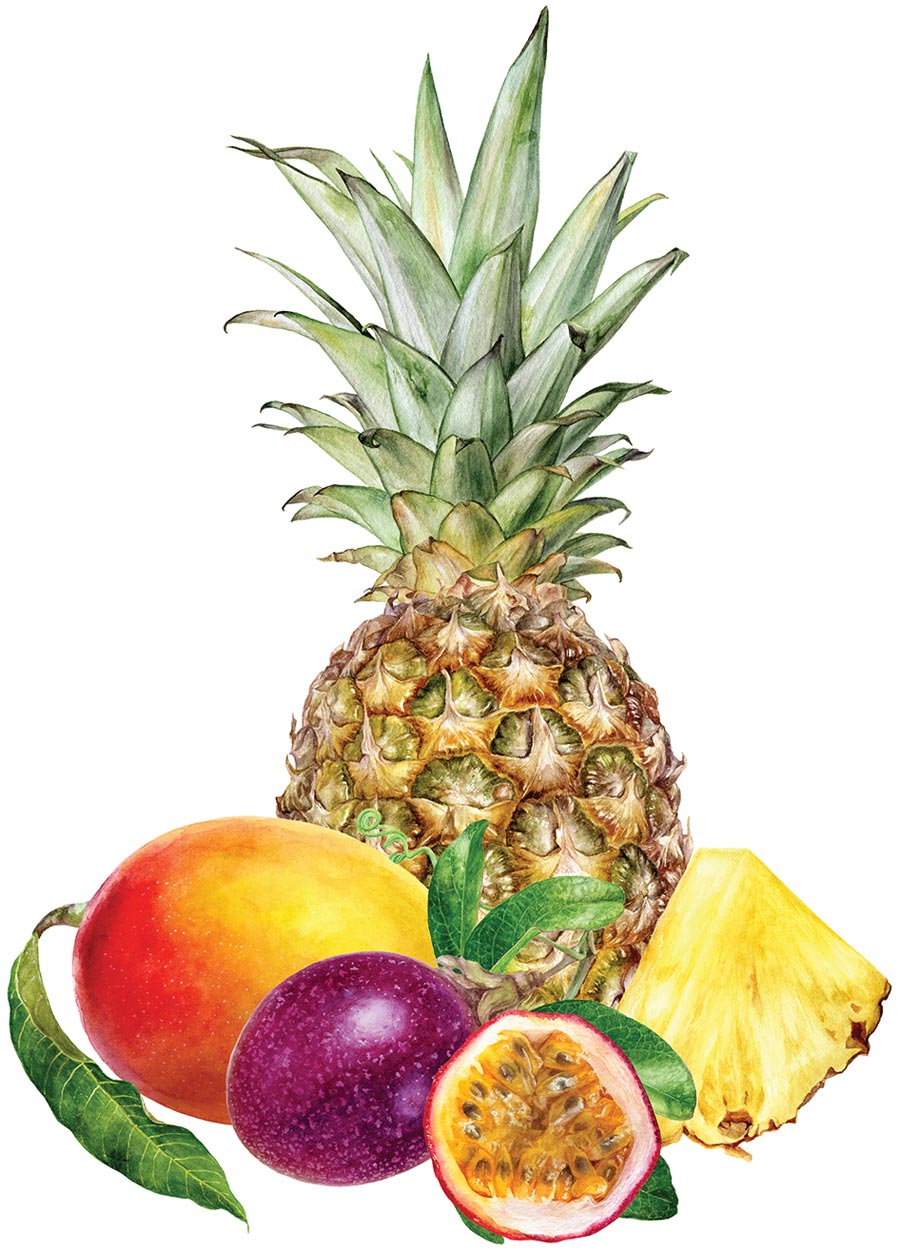 a pile of tropical fruits