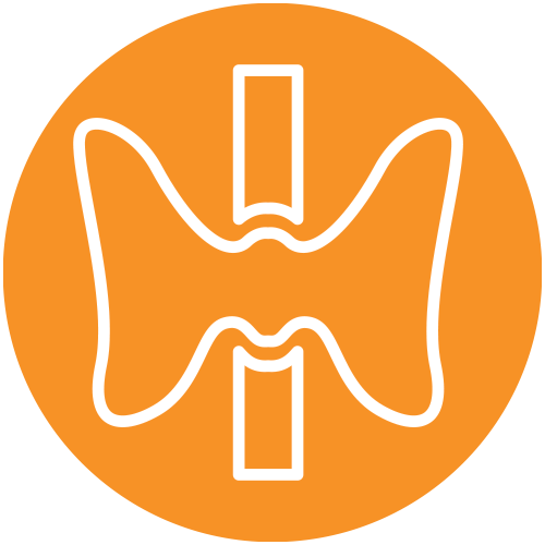 icon of a thyroid gland, outlined in white, against a solid orange circular background