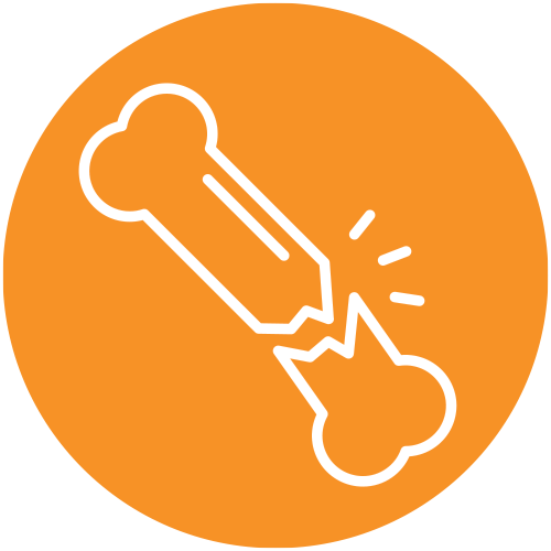 an icon of a broken bone, outlined in white, against a solid orange circular background