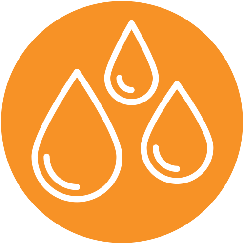 an icon of three water droplets, outlined in white, set against a solid orange circular background