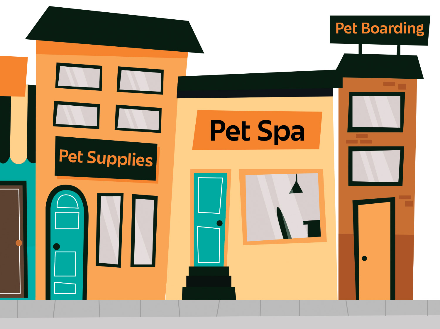 The image depicts a row of cartoon-style pet businesses on a street, including "Pet Supplies" (orange building with teal doors), "Pet Spa" (lighter orange building with a teal door), and "Pet Boarding" (brown building).