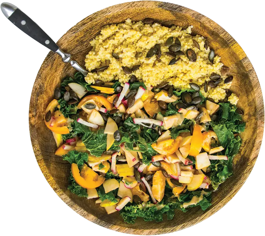 top view of a bowl of finely chopped vegetables, grains and plant proteins