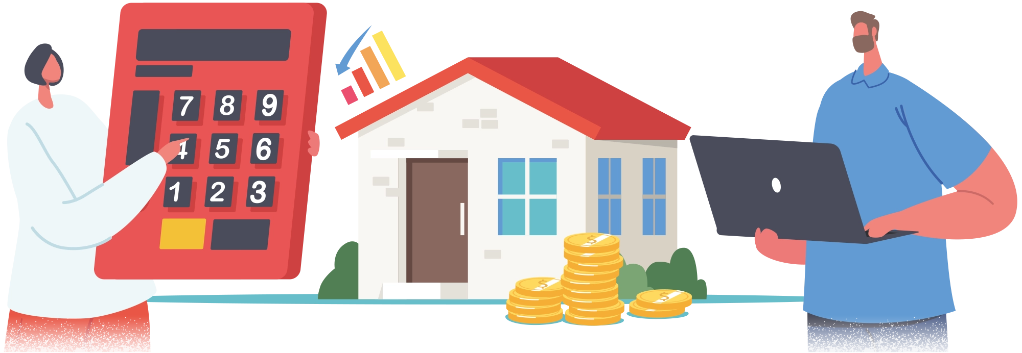 An illustration showing a woman on the left using a large red calculator, a small white house with a red roof in the center with stacks of gold coins in front of it, and a man on the right using a laptop. Above the house, there are small bar graphs in various colors. The overall scene suggests real estate valuation or calculating property worth.