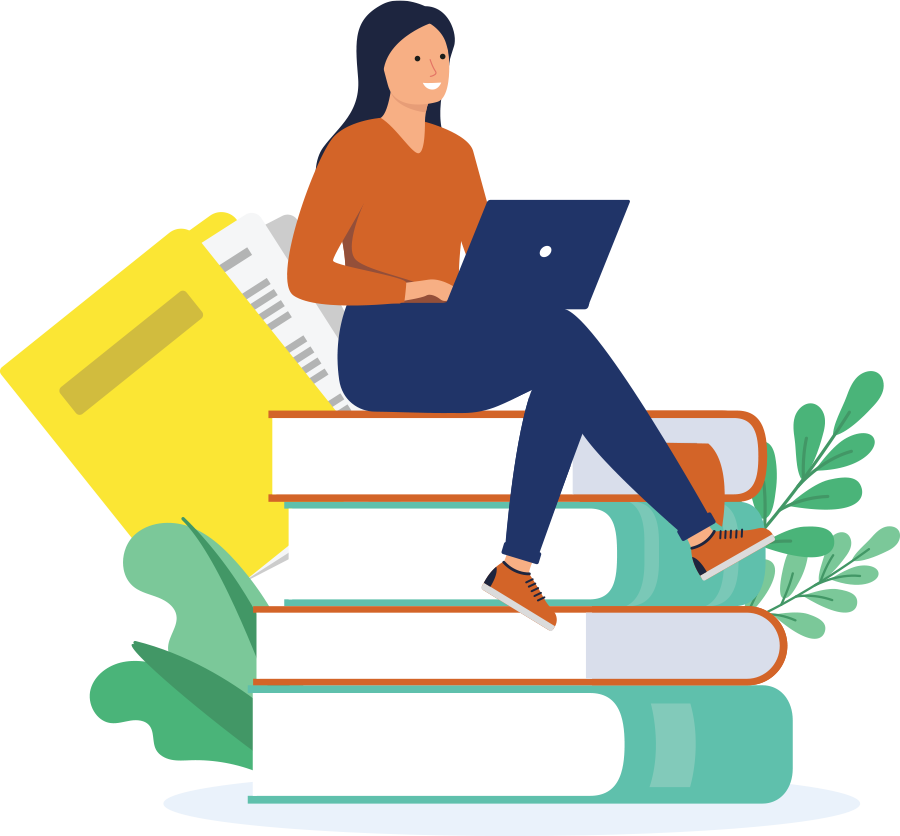 digital illustration of woman sitting on books while on laptop
