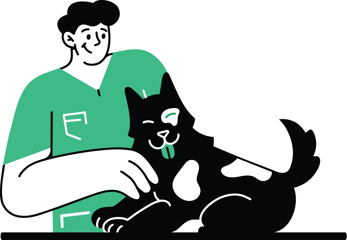 digital vector illustration of a vet in green scrubs petting a black dog with pointy ears and fluffy tail